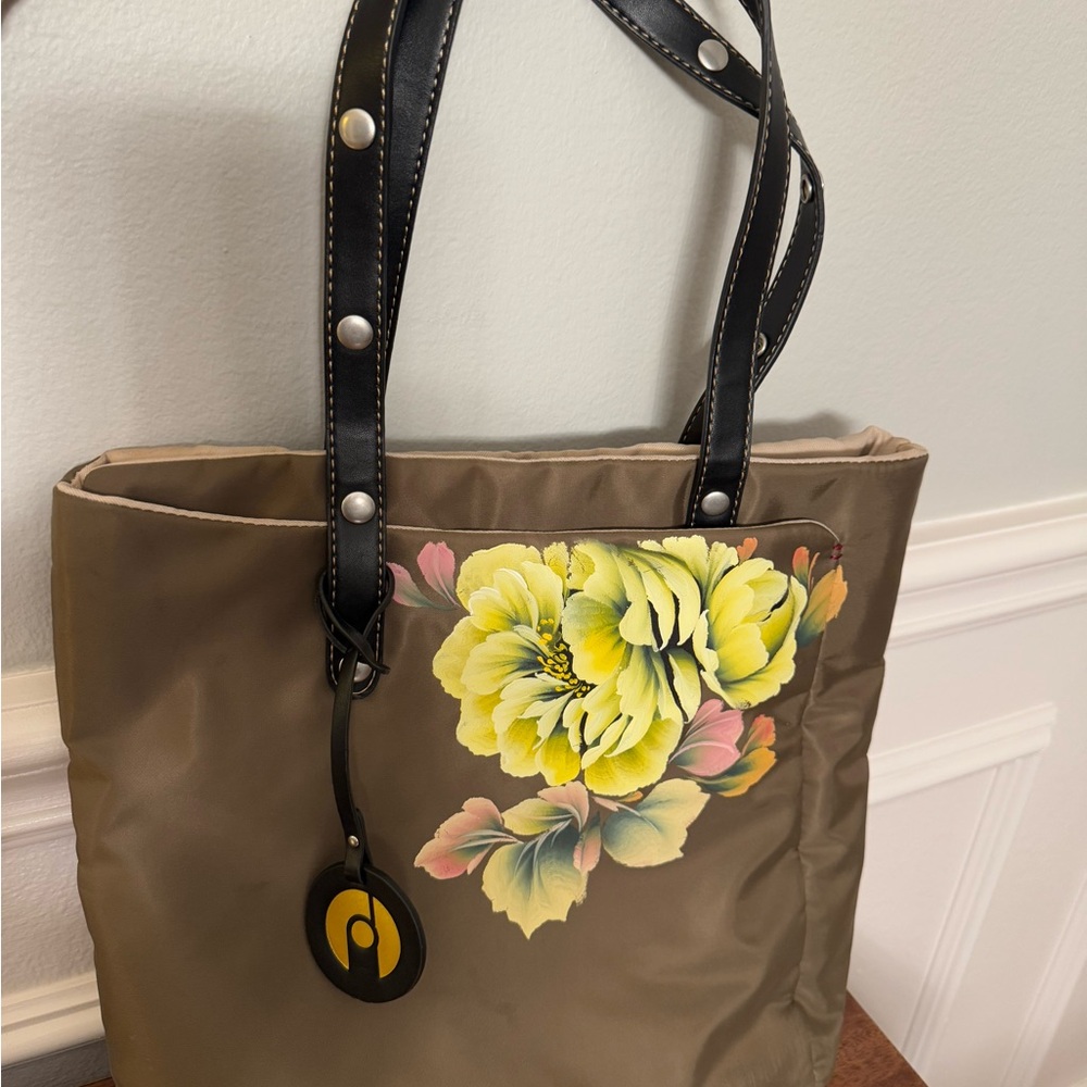 Anuschka-Style Elegant Hand-painted Floral Brown Tote with Black Accents
